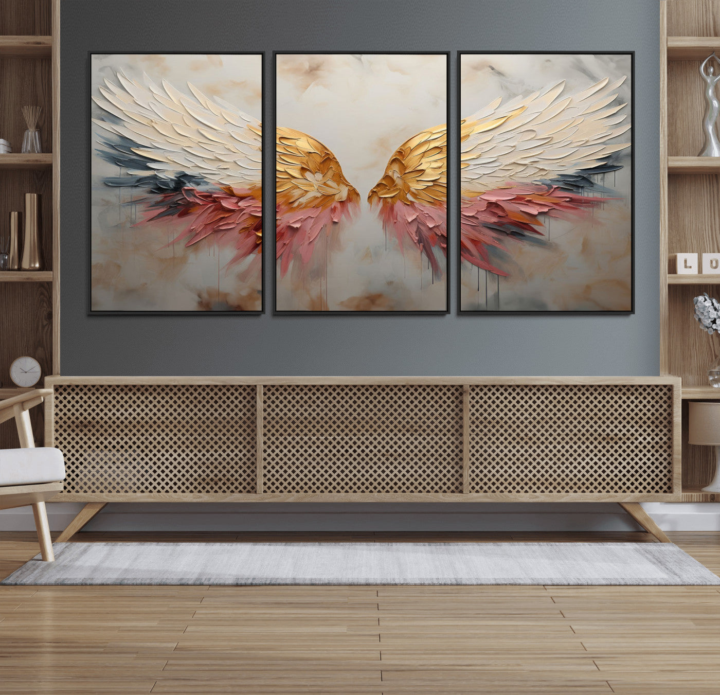 MGV-FC-60X30-3P - Golden Angel Wings Wall Art Canvas Print – Stunning Abstract Winged Art for Elegant Home Decor –