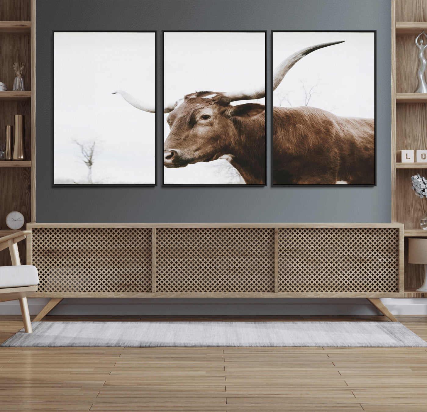 44548-MGV-FC-60X30-3P_Black-Rustic Bull Wall Art Canvas Print – Modern Longhorn Farmhouse Animal Decor – Abstract Farm Cow
