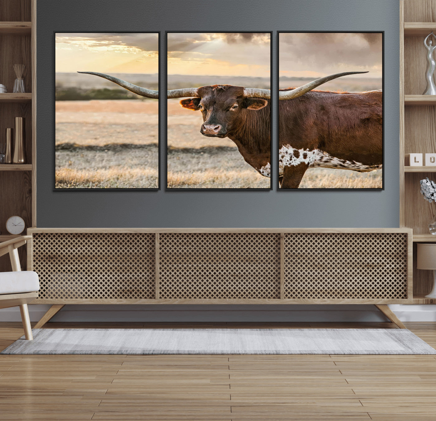 MGV-FC-60X30-3P - Texas Longhorn Wall Art Canvas Print, Rustic Ranch Decor, Majestic Western Longhorn Cattle