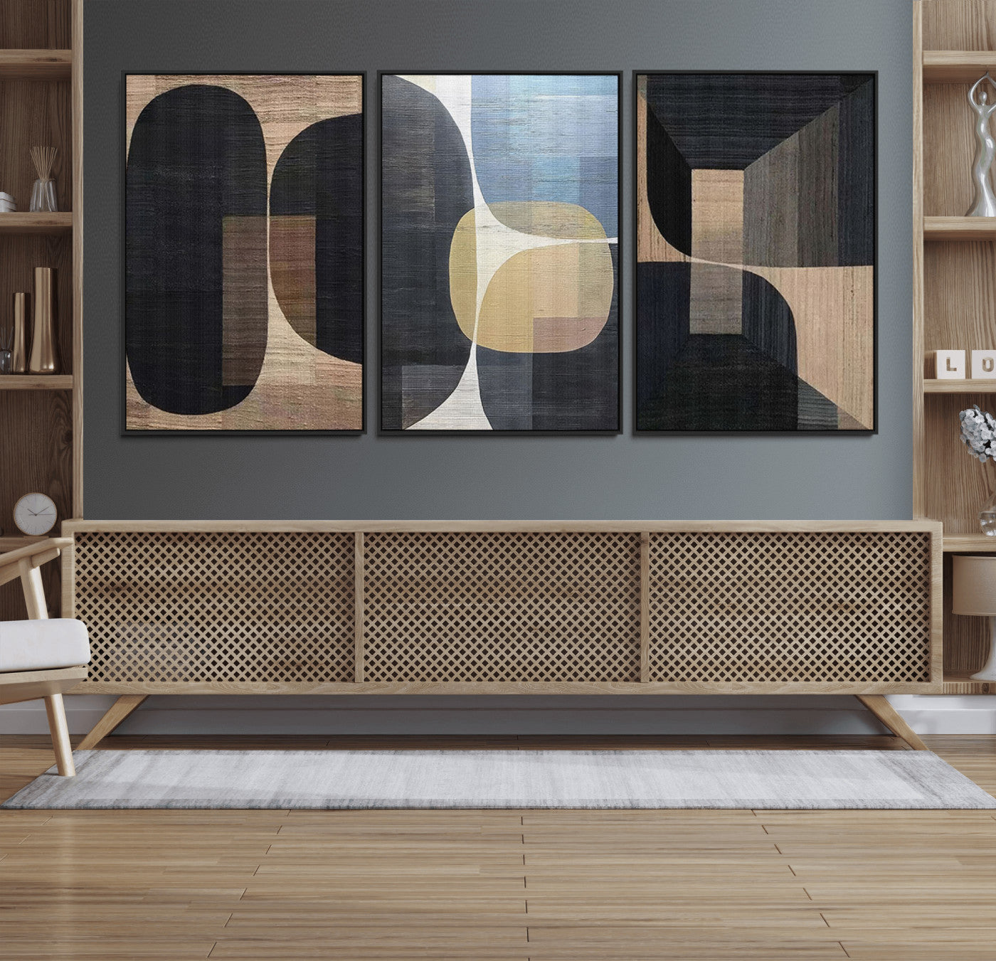 75252-MGV-FC-60X30-3P_Black-Minimalist Wabi Sabi Abstract Geometric Wall Art Canvas Print – Modern Minimalist Shapes – Ready to