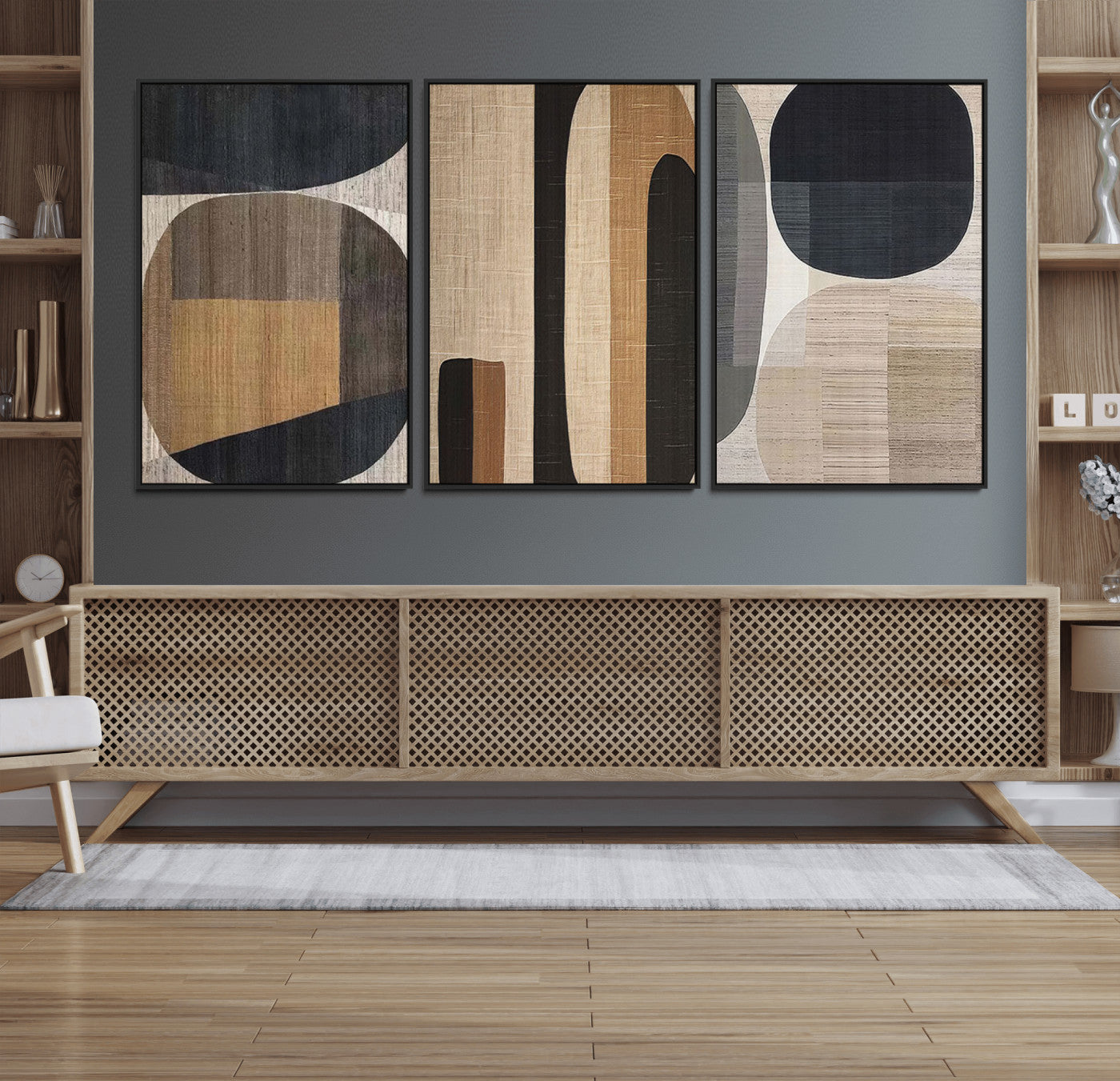 MGV-FC-60X30-3P - Abstract Minimalist Canvas Wall Art - Neutral Geometric Modern Boho Decor, Minimalist Brown Wabi