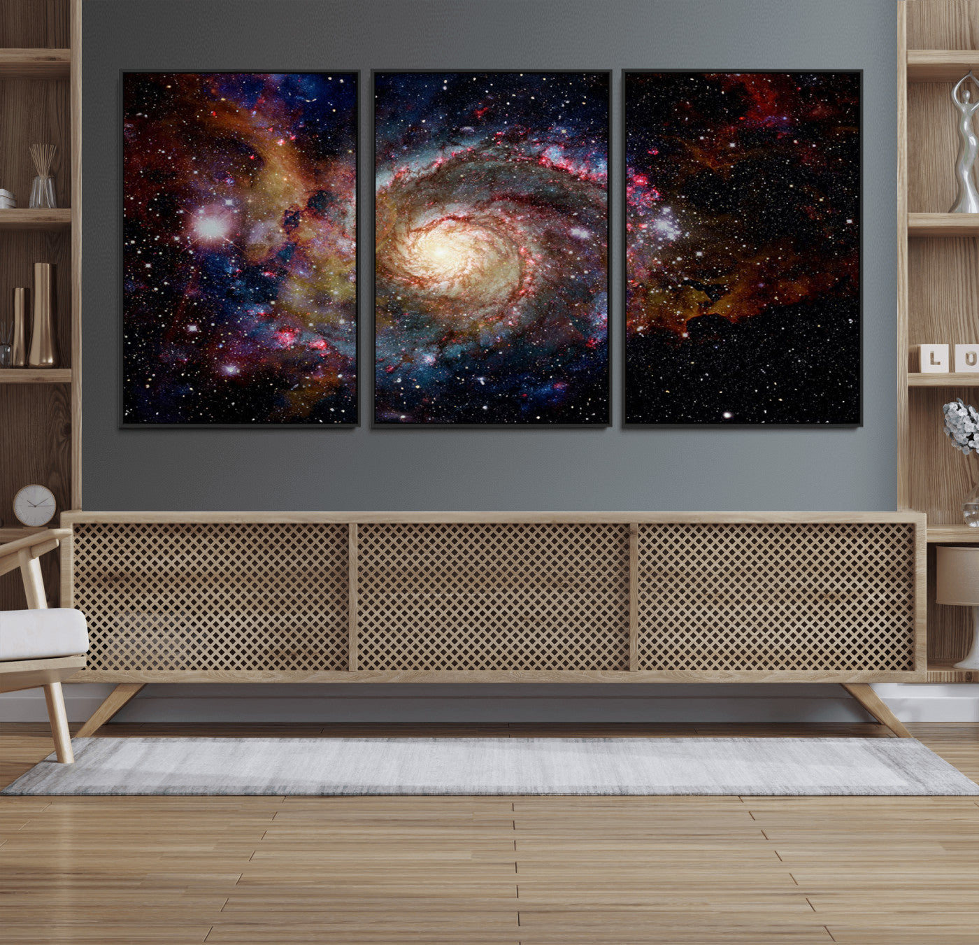91650-MGV-FC-60X30-3P_Black-Nebula and Galaxies in Space Wall Art Canvas Print, Spiral Galaxy Wall Art Canvas Print