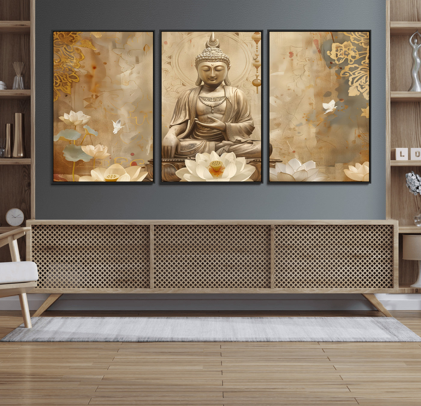 50098-MGV-FC-60X30-3P_Black-Buddha Wall Art Canvas Print, Buddha Meditation Room Decor, Yoga Room Wall Decor