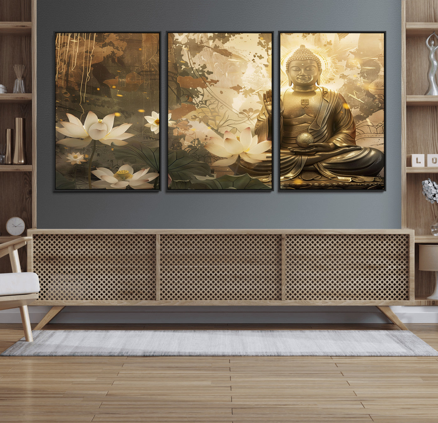 MGV-FC-60X30-3P - Zen Buddha Wall Art Canvas Print | Peaceful Meditation Decor with Lotus Flowers | Spiritual Serenity