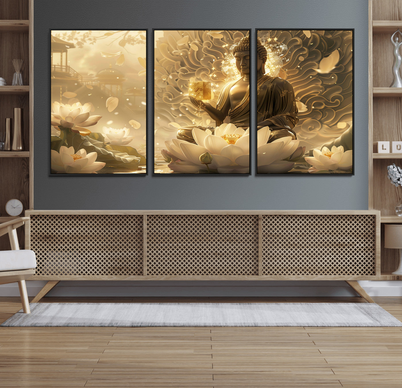 MGV-FC-60X30-3P - Golden Buddha Wall Art | Yoga Room Decor and Meditation Room Wall Art | Framed and Ready to Hang