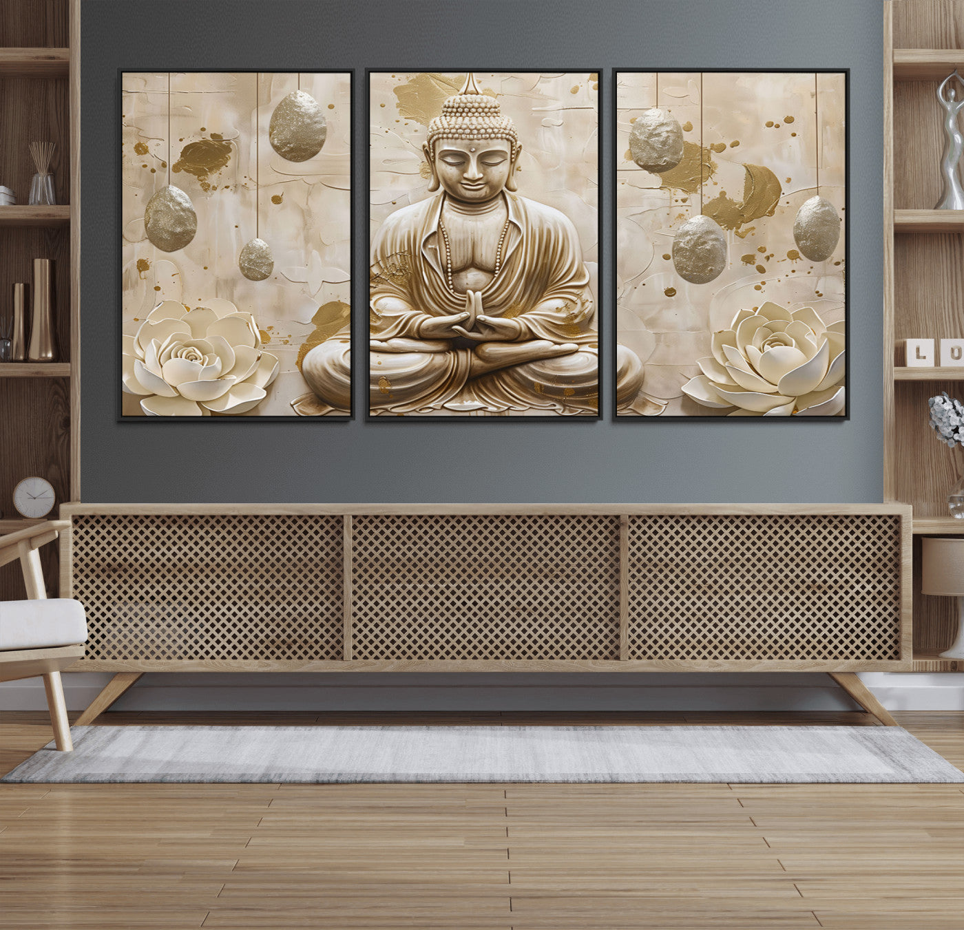 54116-MGV-FC-60X30-3P_Black-Serene Buddha Wall Art | Yoga Room Decor and Meditation Wall Art Print | Framed and Ready to Hang