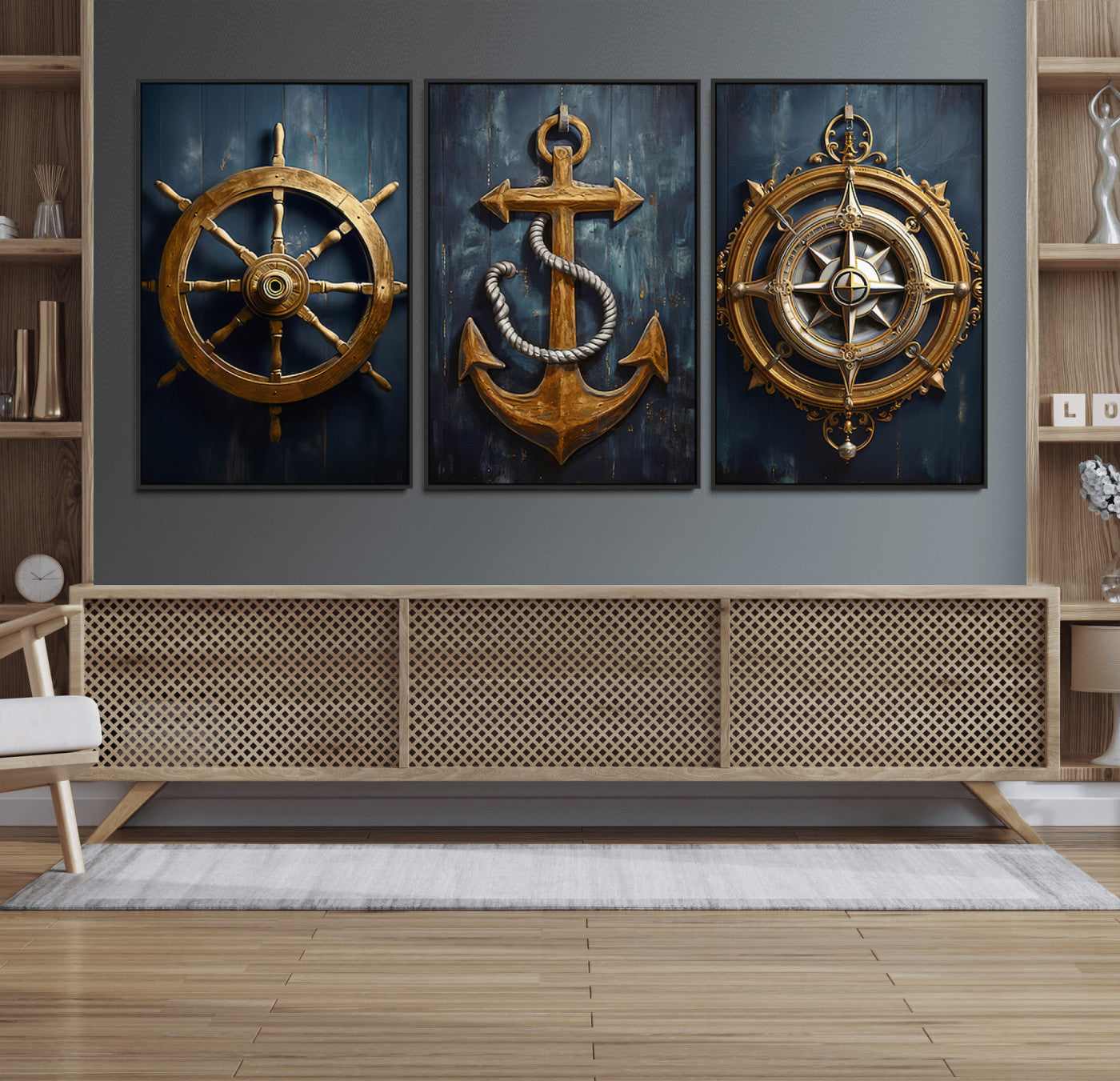 56214-MGV-FC-60X30-3P - Boat Anchor Compass With Rope Wall Art Canvas Print | Beach House Wall Art