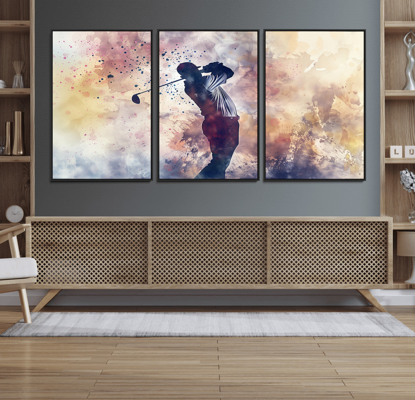 10848-MGV-FC-60X30-3P_Black-Abstract Watercolor Golf Player Wall Art Canvas Print