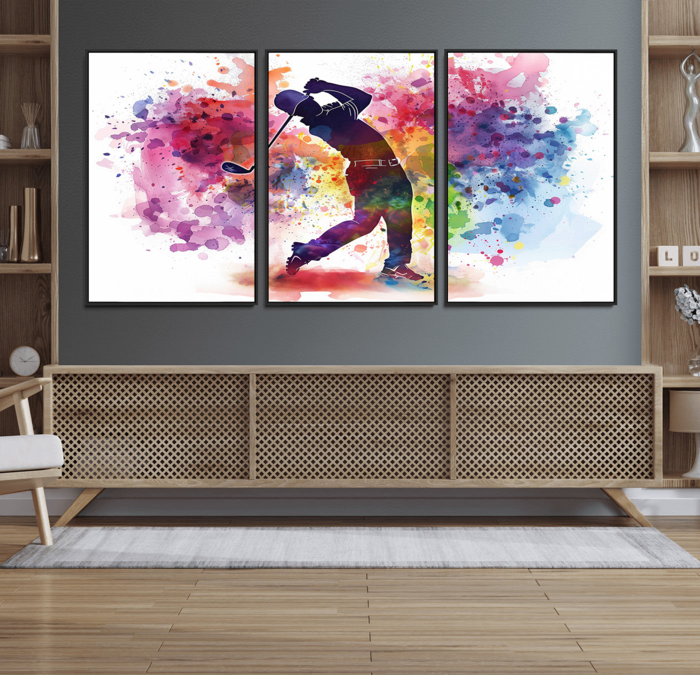66537-MGV-FC-60X30-3P_Black-Colorful Golfer Swing Wall Art Canvas Print - Ready to Hang, Framed Sports Decor