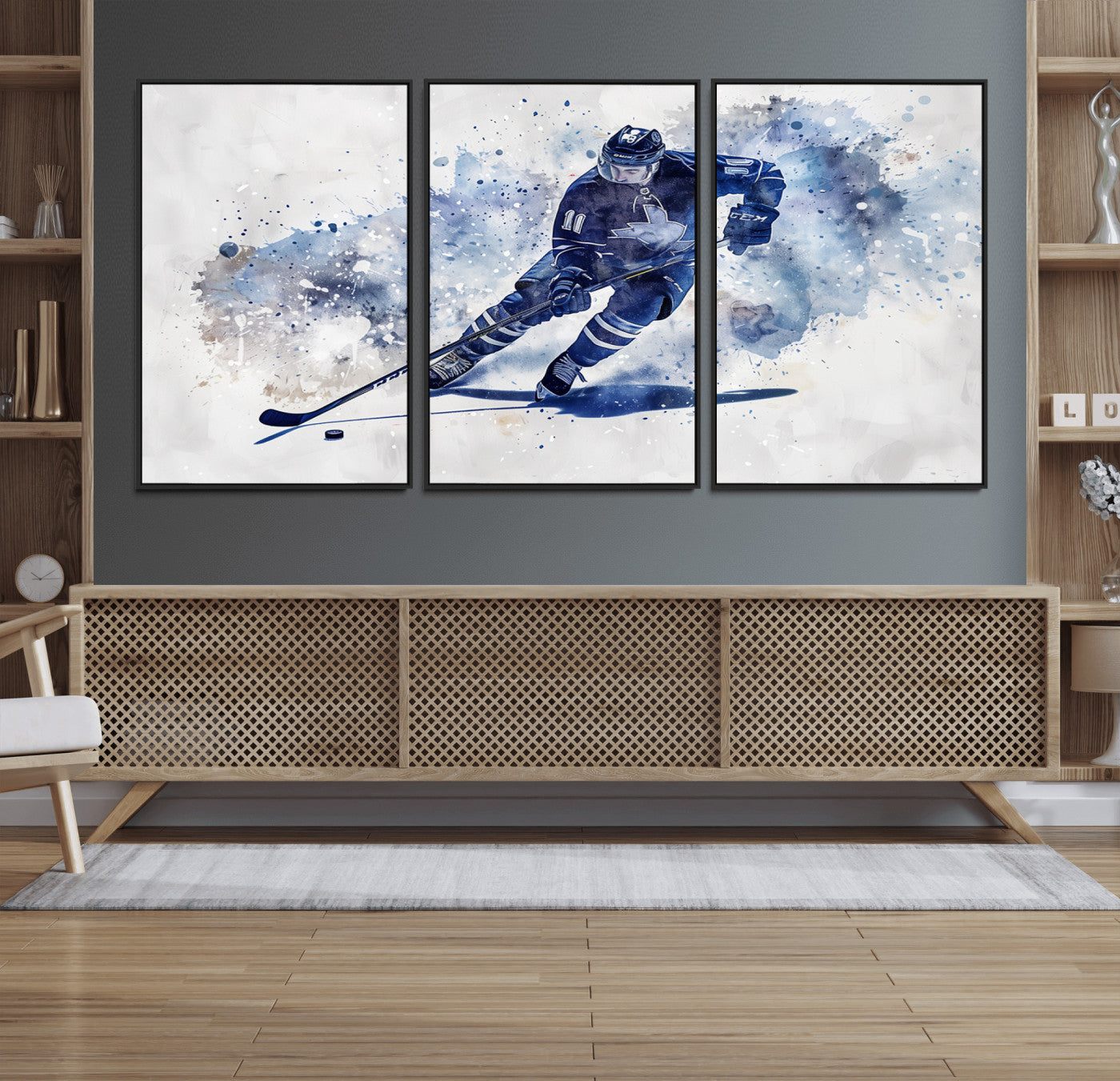 39795-MGV-FC-60X30-3P_Black-Hockey Player Wall Art Canvas Print - Sports-Inspired Watercolor Decor - Ready to Hang