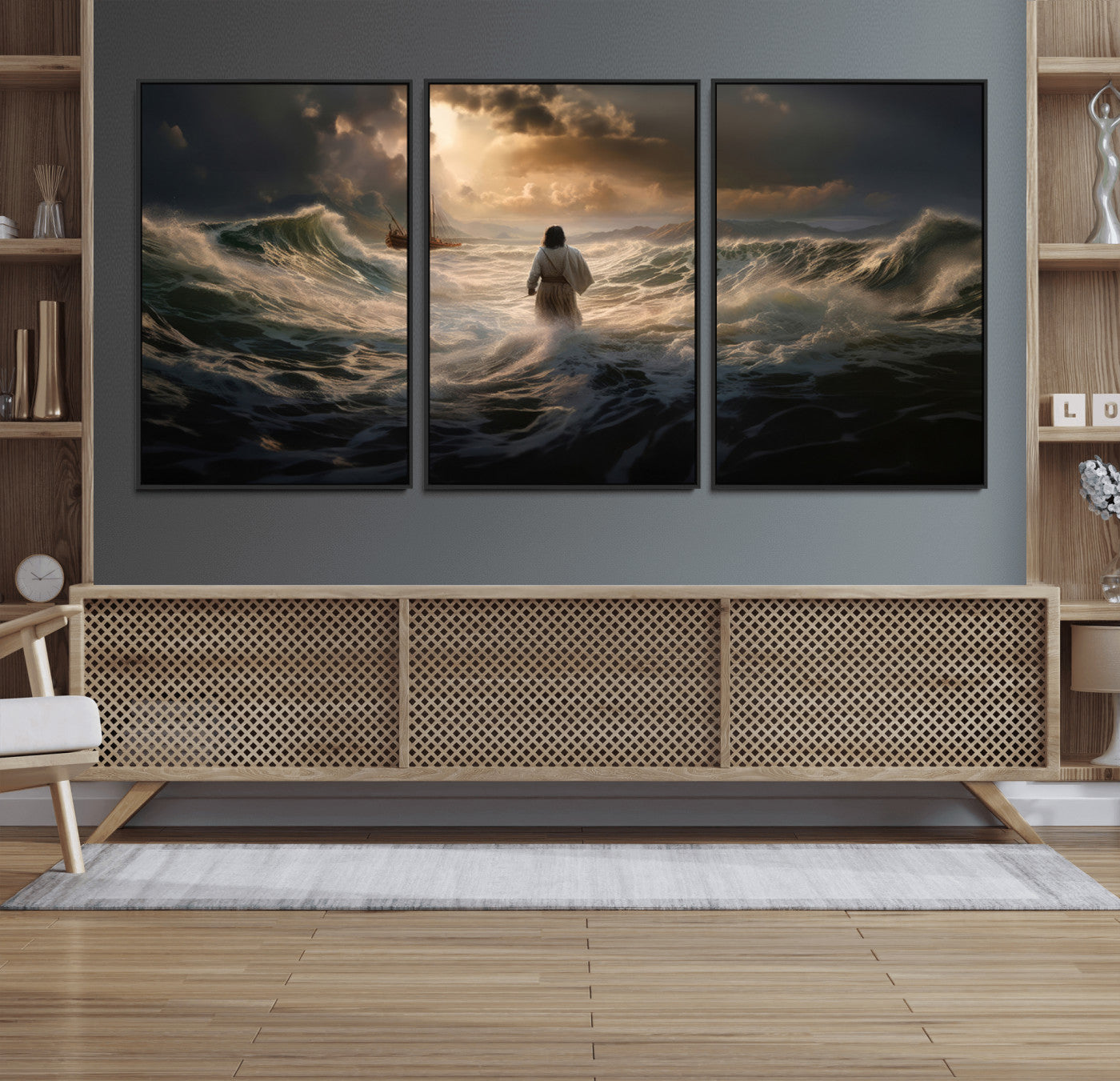 MGV-FC-60X30-3P - Jesus Walking on Water Wall Art Canvas Print - Religious Spiritual Decor - Jesus Wall Art Canvas