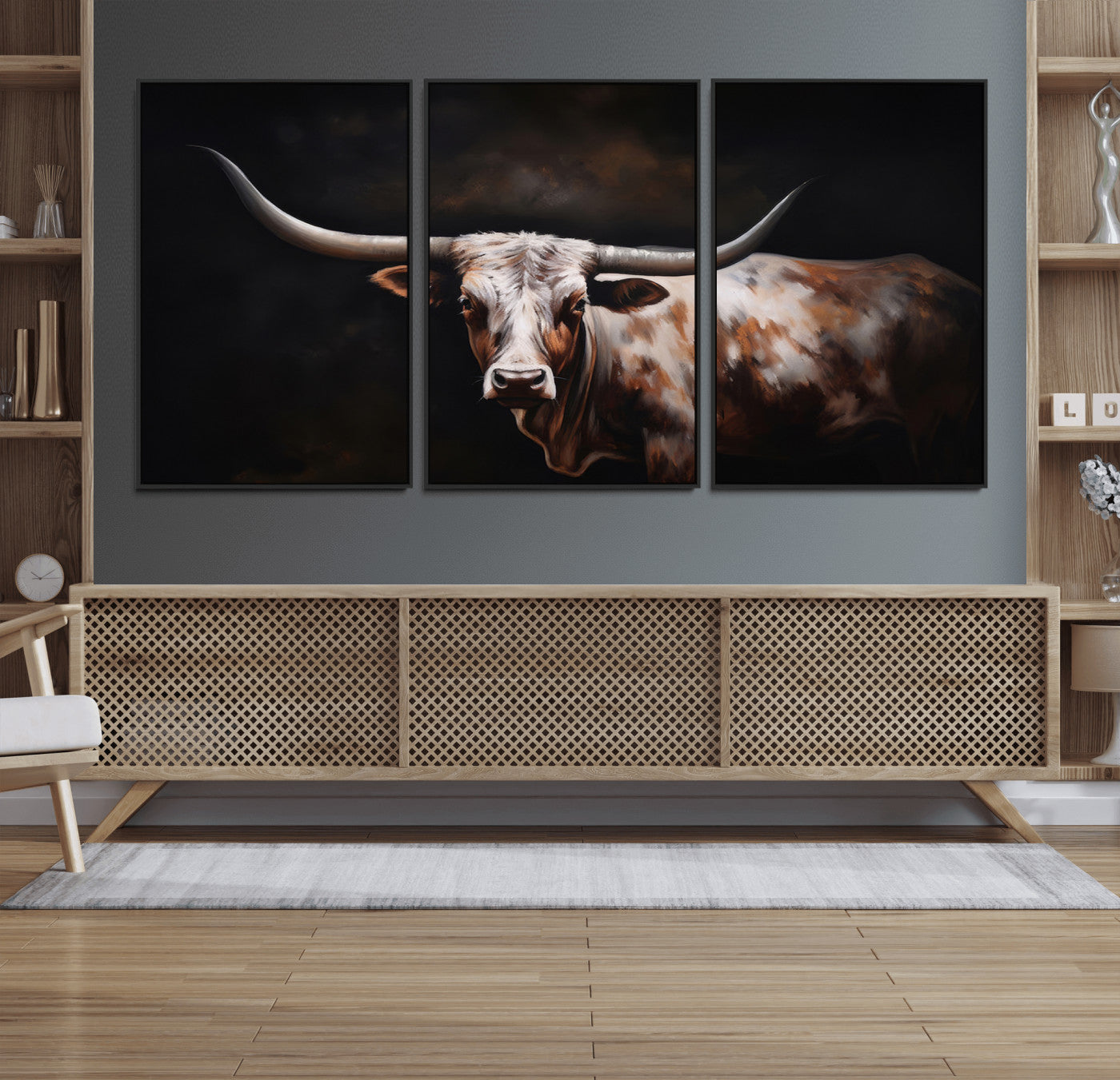 82543-MGV-FC-60X30-3P_Black-Texas Longhorn Wall Art Canvas Print | Western Ranch Decor | Bold Rustic Cattle Artwork | Ready to