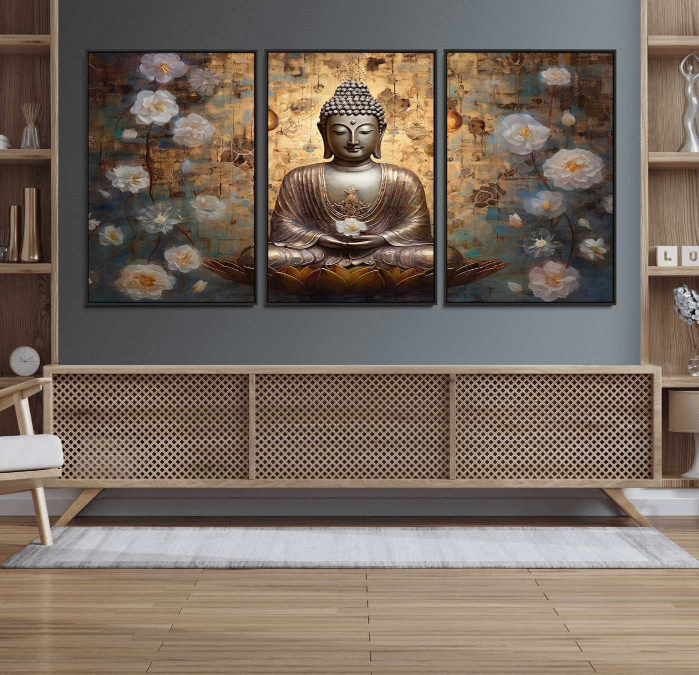 MGV-FC-60X30-3P - Golden Buddha Wall Art Canvas Print | Zen Meditation Floral Decor | Tranquil Spiritual Home Art |