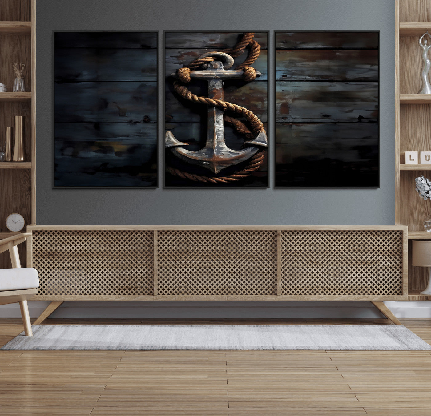 20984-MGV-FC-60X30-3P_Black-3 Panel Grunge Abstract Anchor Wall Art Canvas Print Set
