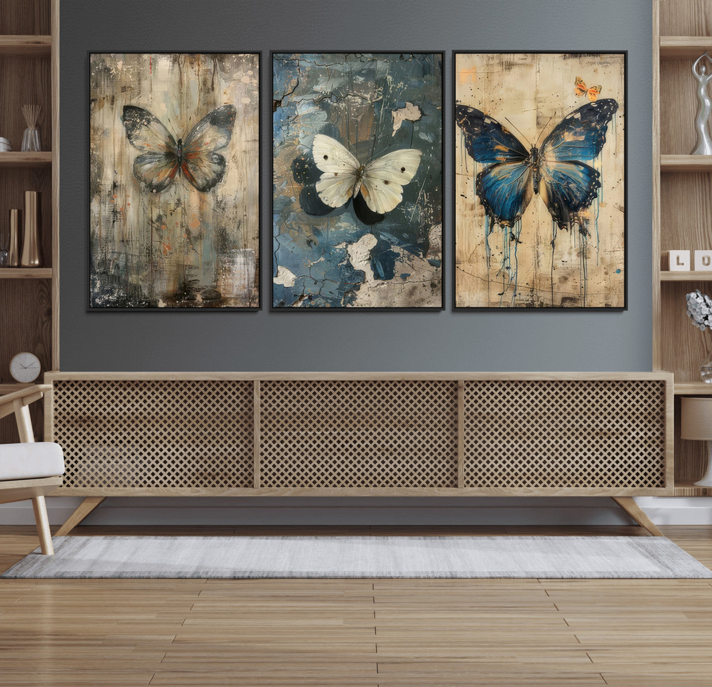 MGV-FC-60X30-3P - Butterfly Wall Art Trio | Vintage Butterfly Canvas Print | Ready to Hang Framed Artwork for