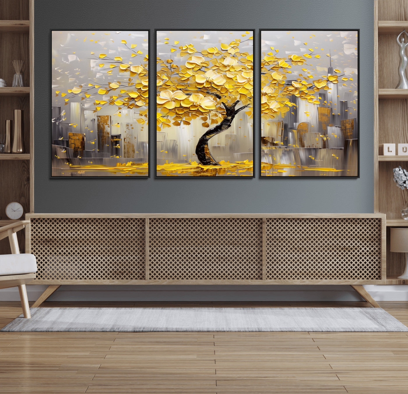 45538-MGV-FC-60X30-3P_Black-Golden Tree Canvas Print | Abstract Wall Art for Modern Homes | Ready to Hang Framed Artwork