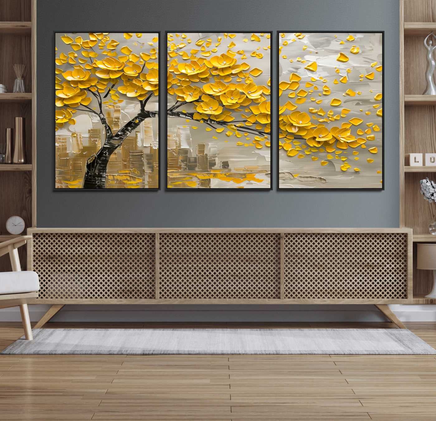 99675-MGV-FC-60X30-3P_Black-Yellow Blossom Tree Canvas Wall Art - Floral Abstract Modern Contemporary Artwork for Living Room or