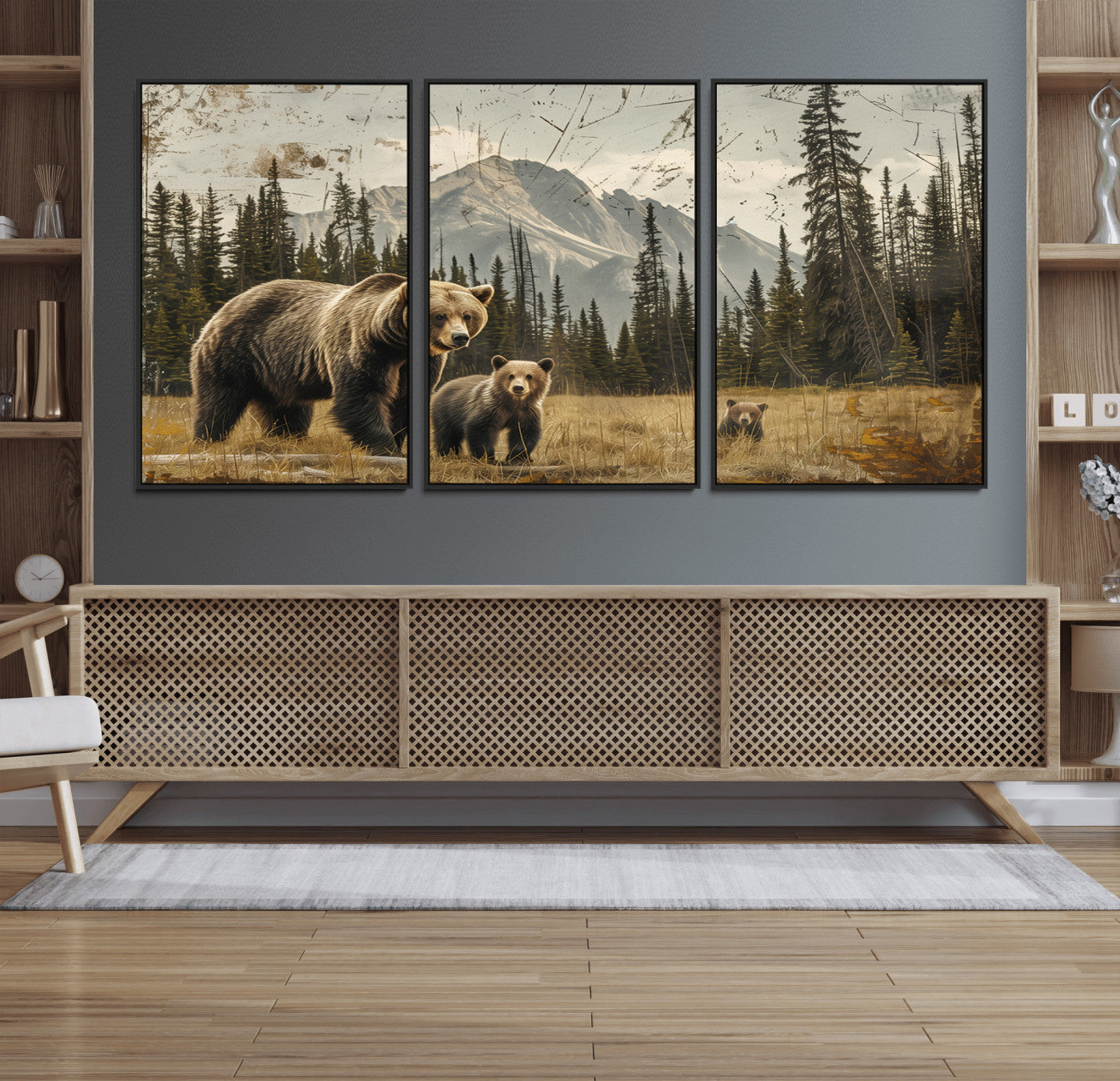 MGV-FC-60X30-3P - Rustic Grizzly 399 Bear Family Wall Art Canvas Print