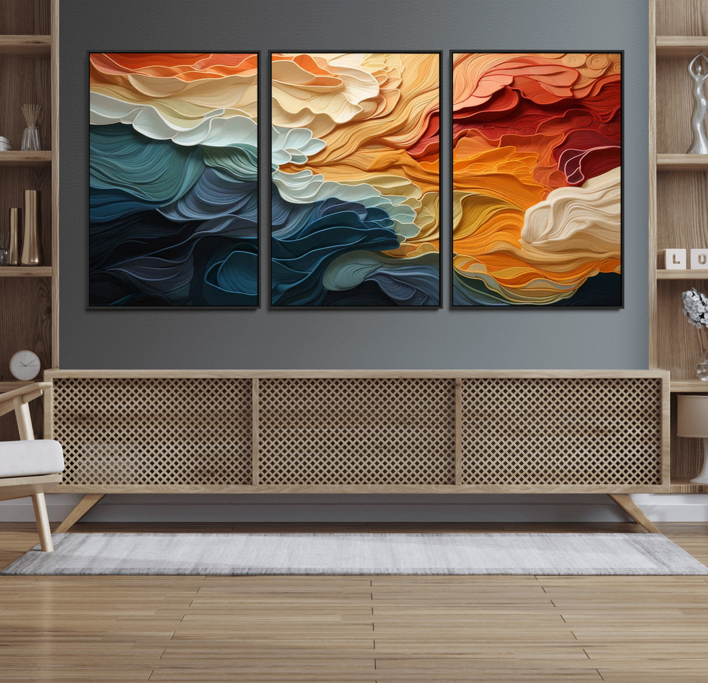 31634-MGV-FC-60X30-3P_Black-Blue Orange Abstract Wave Wall Art Canvas Print, Framed Blue Orange Wave Wall Art
