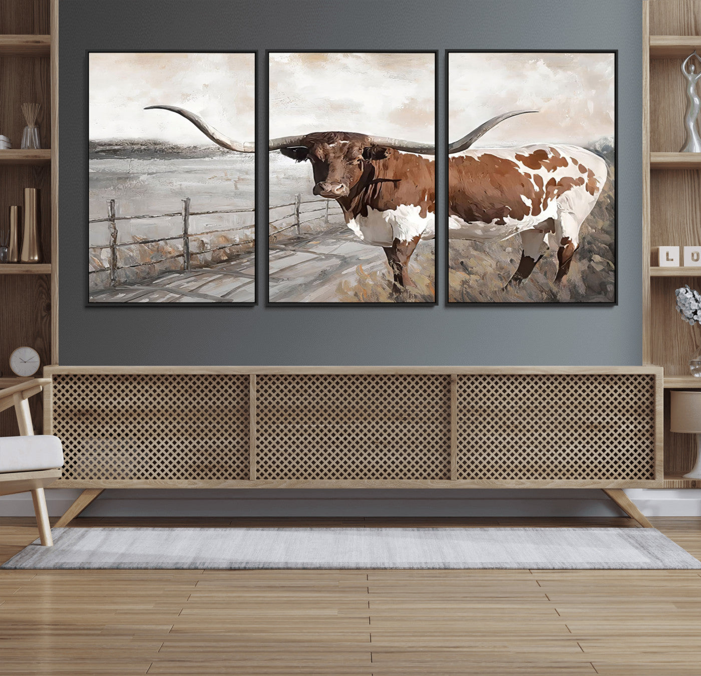 57340-MGV-FC-60X30-3P_Black-Vintage Texas Cow Wall Art Canvas Print, Rustic Longhorn Wall Art | Canvas Print for Farmhouse Decor