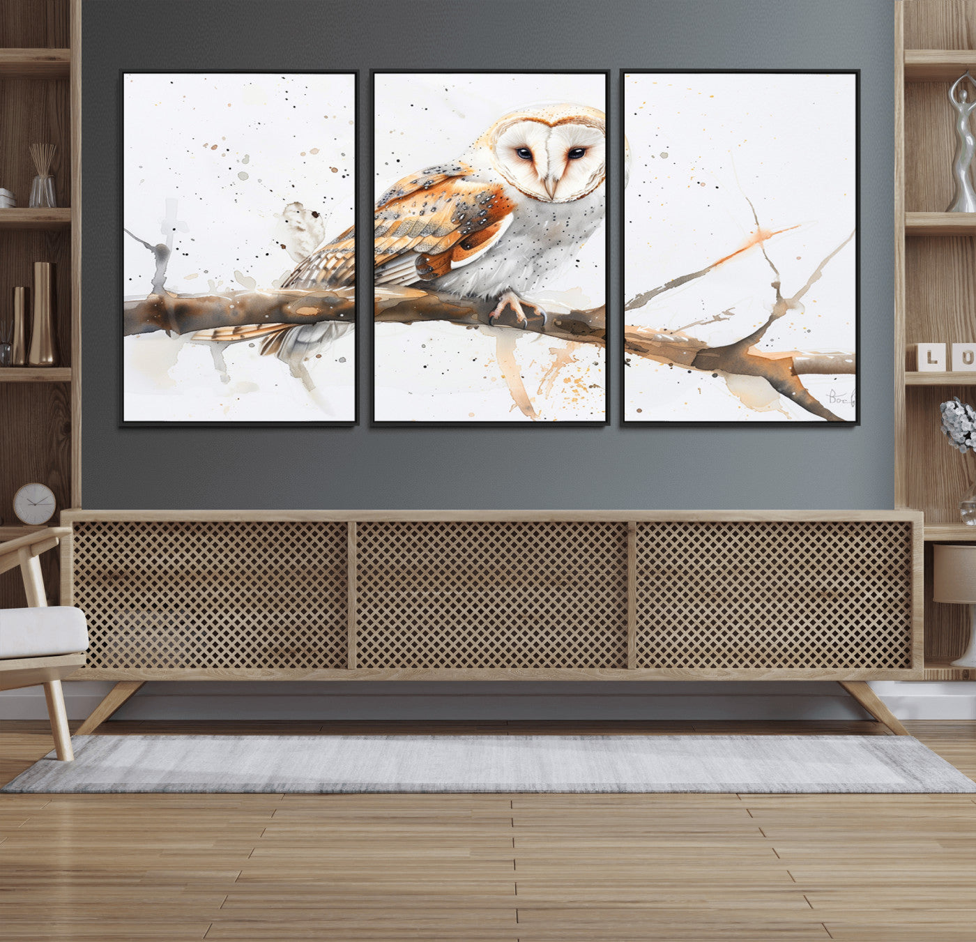 MGV-FC-60X30-3P - Barn Owl Wall Art on Branch | Stunning Canvas Print for Nature Lovers | Ready to Hang and Framed