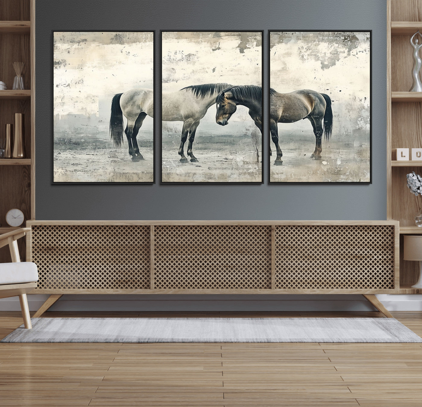 33288-MGV-FC-60X30-3P_Black-Chines Style Majestic Horses Wall Art | Ready to Hang and Framed Triptych Print | Western Farmhouse