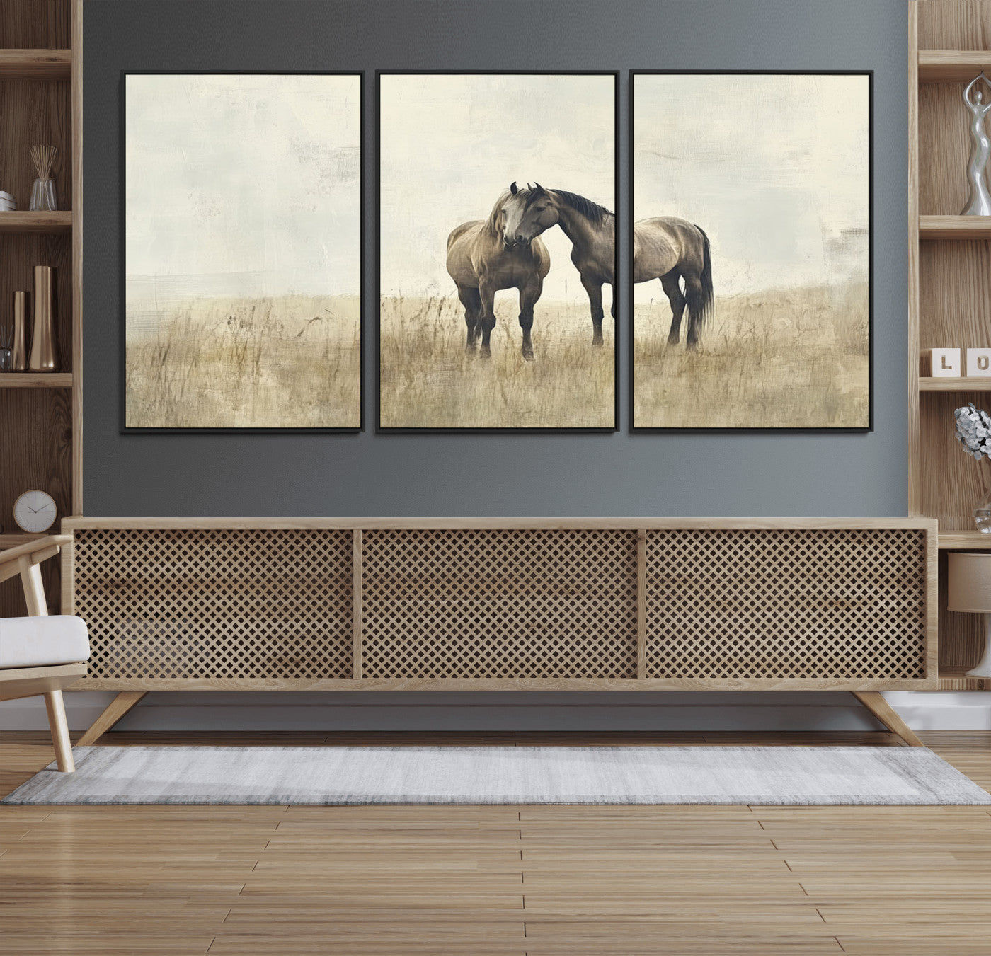 48781-MGV-FC-60X30-3P_Black-Chines Style Grunge Horses Wall Art Canvas Print