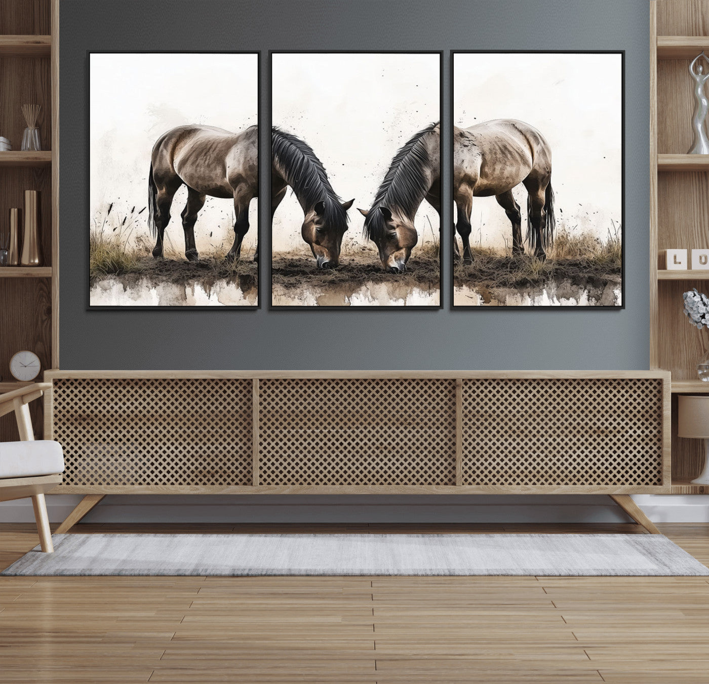 71729-MGV-FC-60X30-3P_Black-Chines Ink Style Horses Wall Art Canvas Print