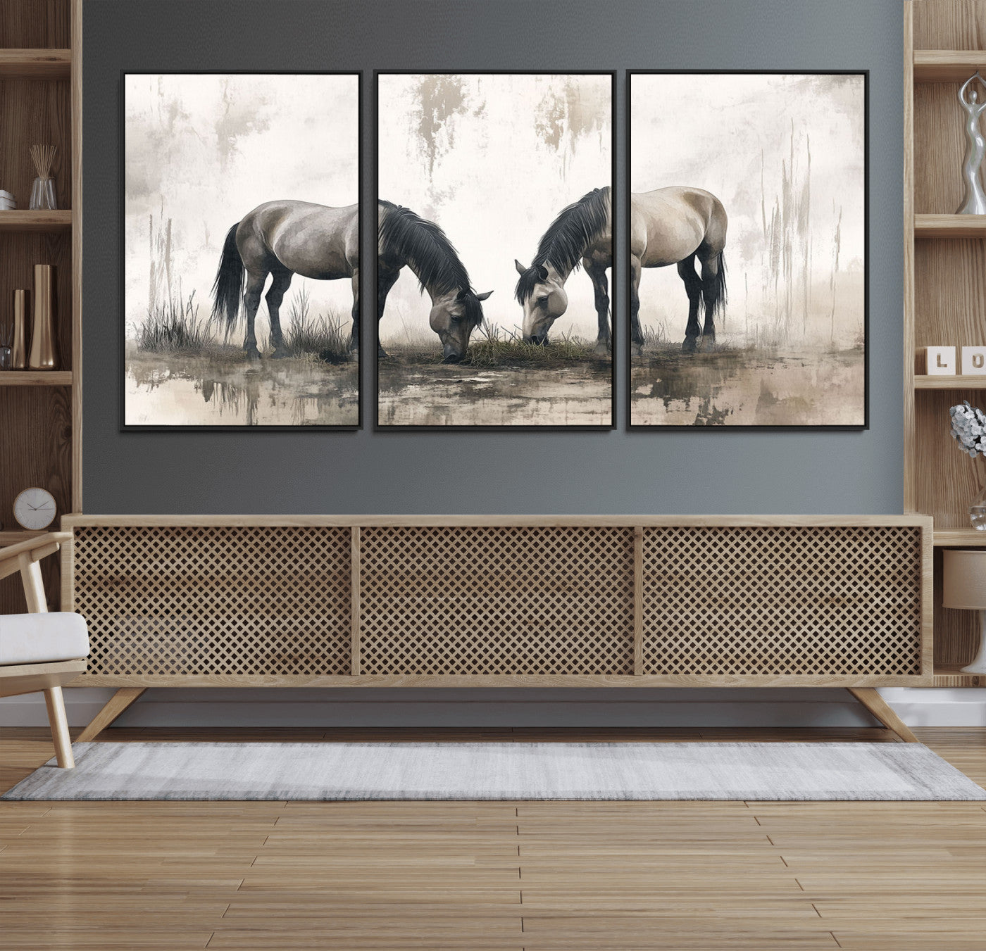 35494-MGV-FC-60X30-3P_Black-Chines Ink Style Vintage Horses Wall Art Canvas Print for Farmhouse Wall Decor