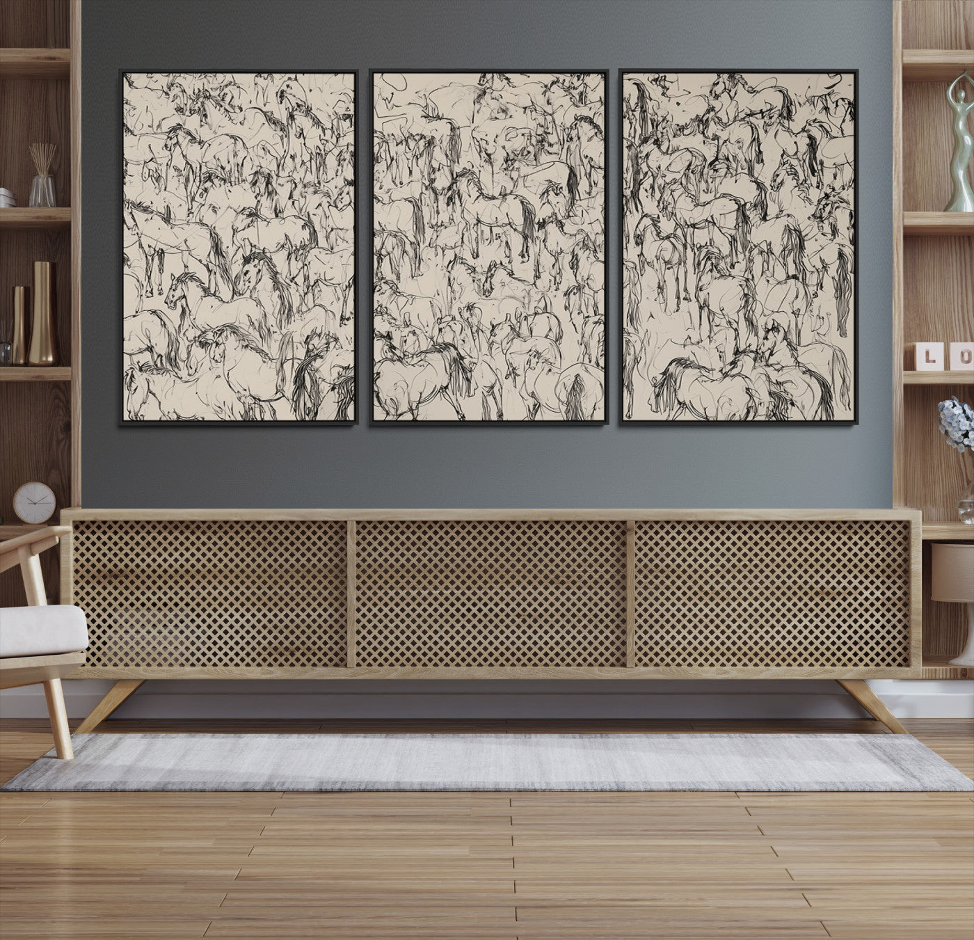 MGV-FC-60X30-3P - Abstract Horse Sketch Wall Art | Ready to Hang and Framed | Farmhouse Wall Decor for Living Room or