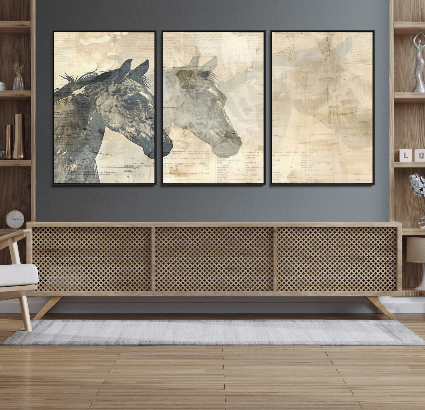 64301-MGV-FC-60X30-3P_Black-Abstract Horse Canvas Print | Modern Farmhouse Wall Art | Ready to Hang Framed