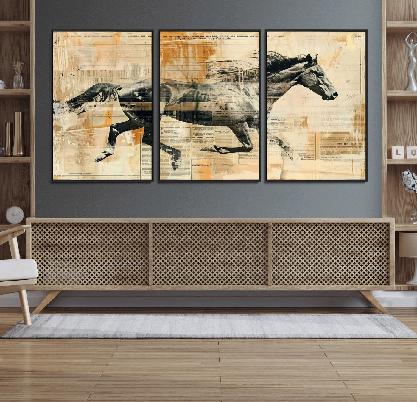 22364-MGV-FC-60X30-3P_Black-Chines Style Running Horse Western Wall Art | Farmhouse Wall Decor | Ready to Hang Framed Canvas