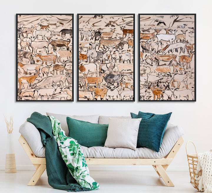 Framed Goat Herd Wall Art in minimal brush strokes on a beige backdrop, ideal for farmhouse or cabin decor.