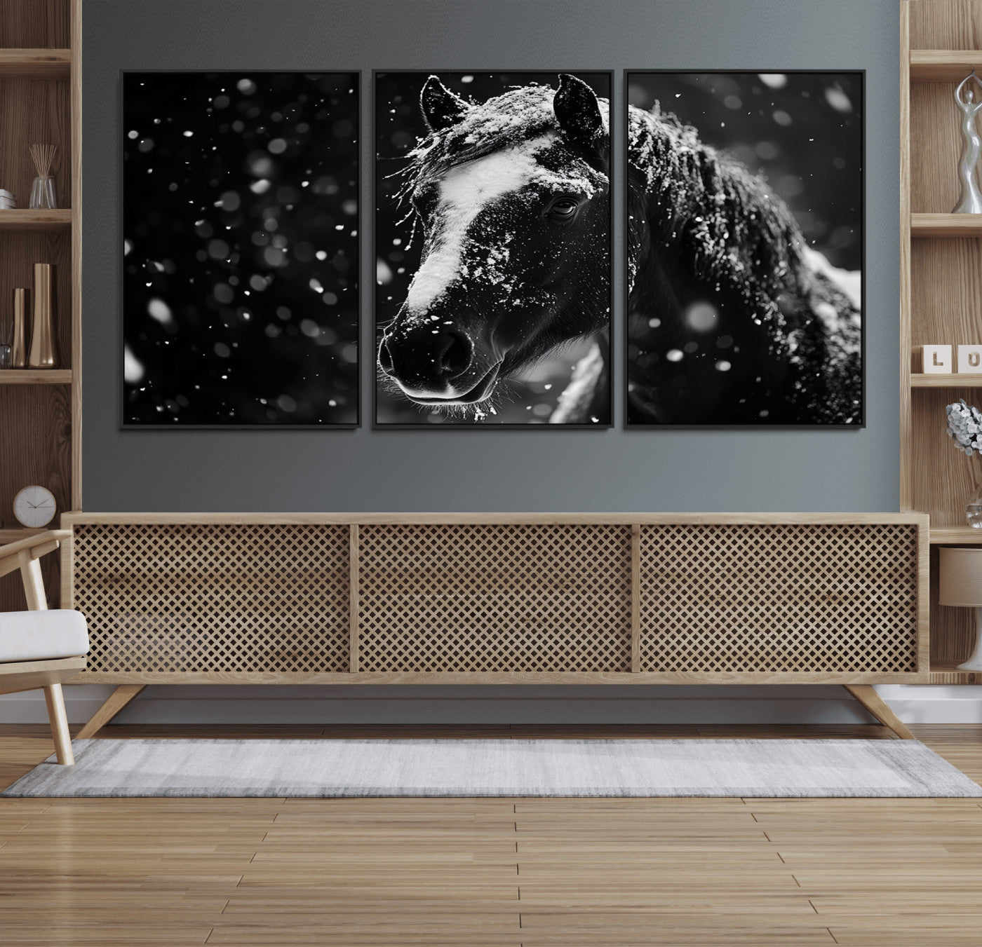 MGV-FC-60X30-3P - Winter Horse Wall Art | Black and White Horse Print | Ready to Hang and Framed | Farmhouse Wall Art