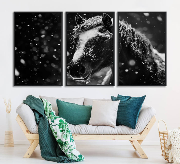 The Winter Horse Wall Art showcases a gentle horse print with snowflakes, ideal for rustic farmhouse or cabin decor.