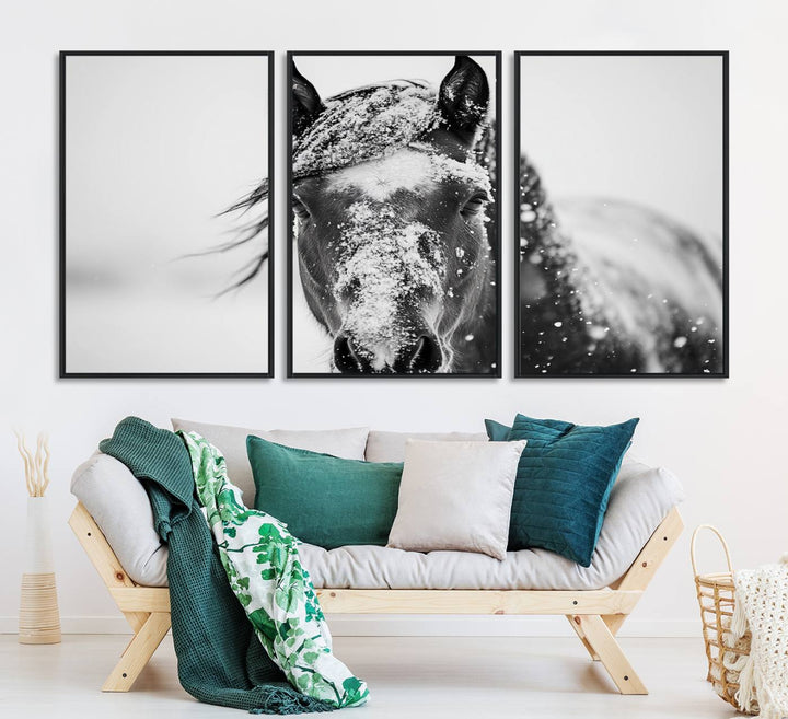 This black and white winter horse wall art enhances any decor; it is ready to hang and framed for a farmhouse or Western style.