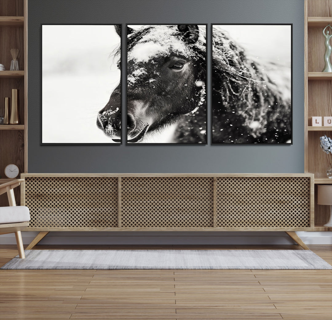 The wall art is a Black and White Horse piece, framed and ready to hang.