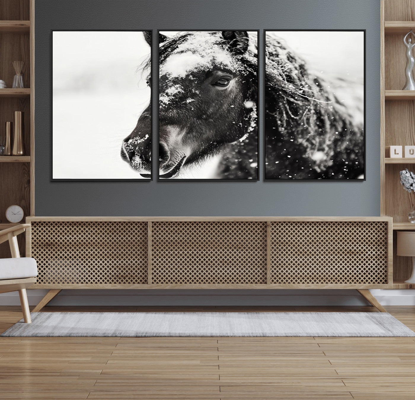 MGV-FC-60X30-3P - Framed Black and White Horse Wall Art | Ready to Hang and Framed | Farmhouse and Western Wall Decor