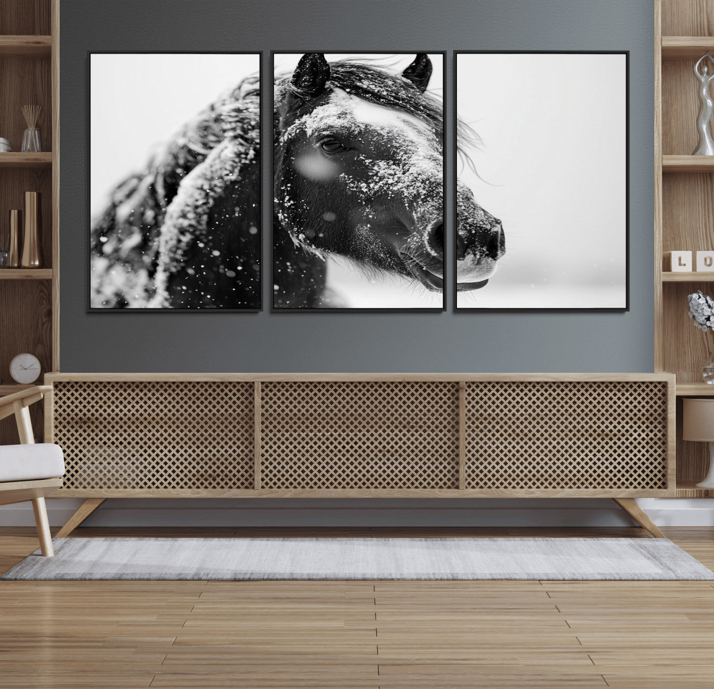 52374-MGV-FC-60X30-3P_Black-Winter Horse Canvas Print | Large 3-Panel Black White Equine Photography for Rustic Farmhouse Wall