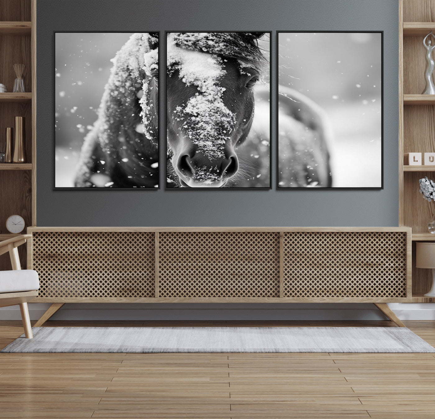 MGV-FC-60X30-3P - Black and White Horse Winter Wall Art | Ready to Hang and Framed | Farmhouse Wall Decor | Western