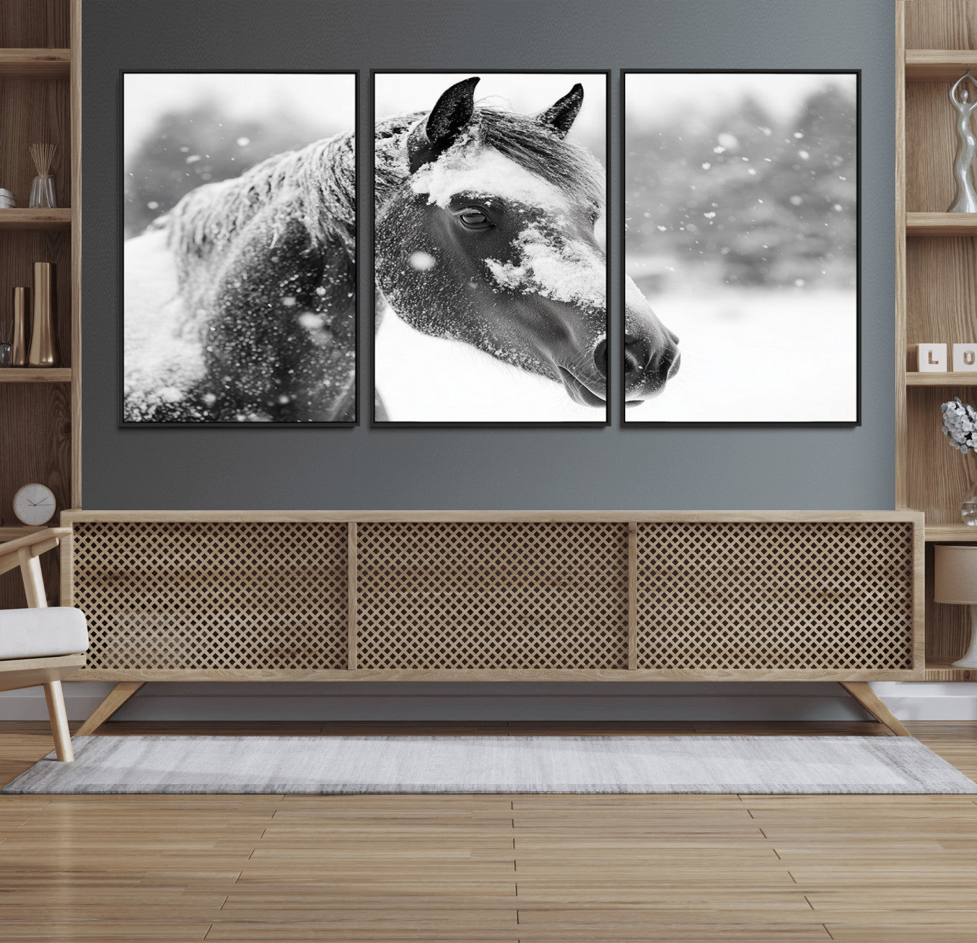 13358-MGV-FC-60X30-3P_Black-Black Horse Winter Wall Art | Ready to Hang and Framed | Farmhouse and Western Wall Decor for Living