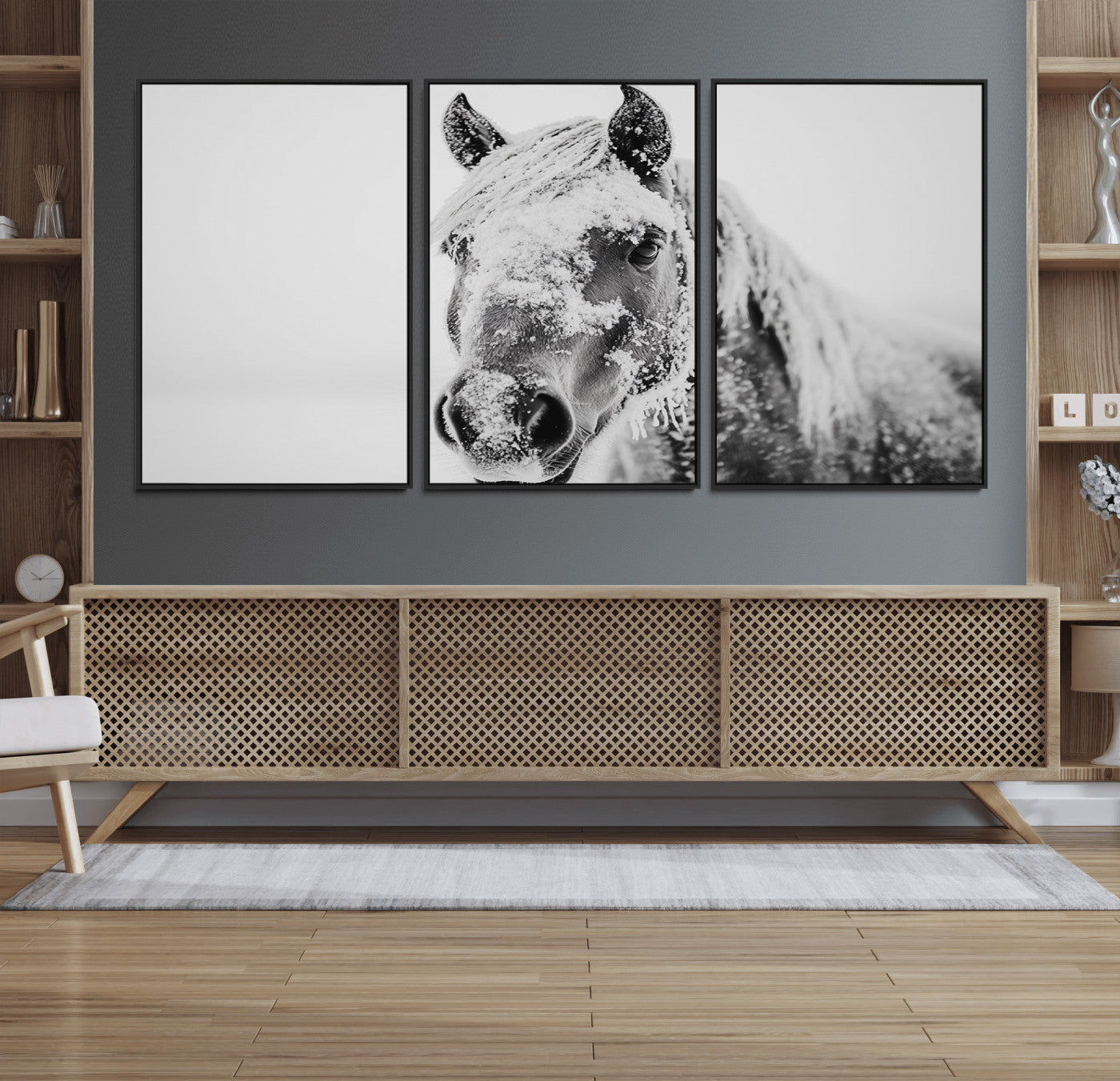 36319-MGV-FC-60X30-3P_Black-White Horse Wall Art | Ready to Hang and Framed | Winter Horse Wall Art Print for Farmhouse and
