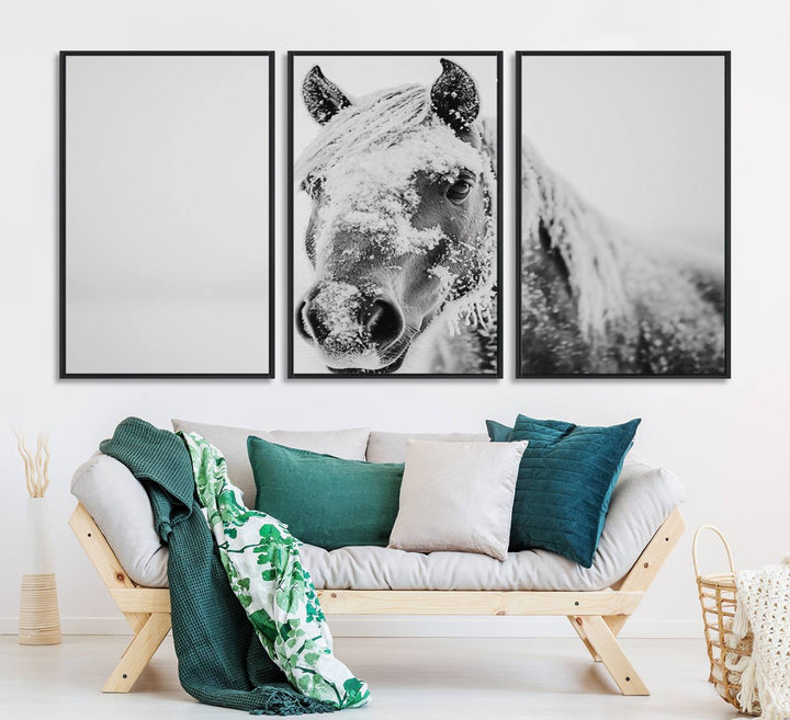 White Horse Wall Art: A black and white photo of a snow-covered horse, framed and ready to hang for farmhouse decor.