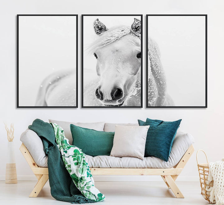 The dining room features the Majestic White Horse Wall Art, adding to its rustic charm.