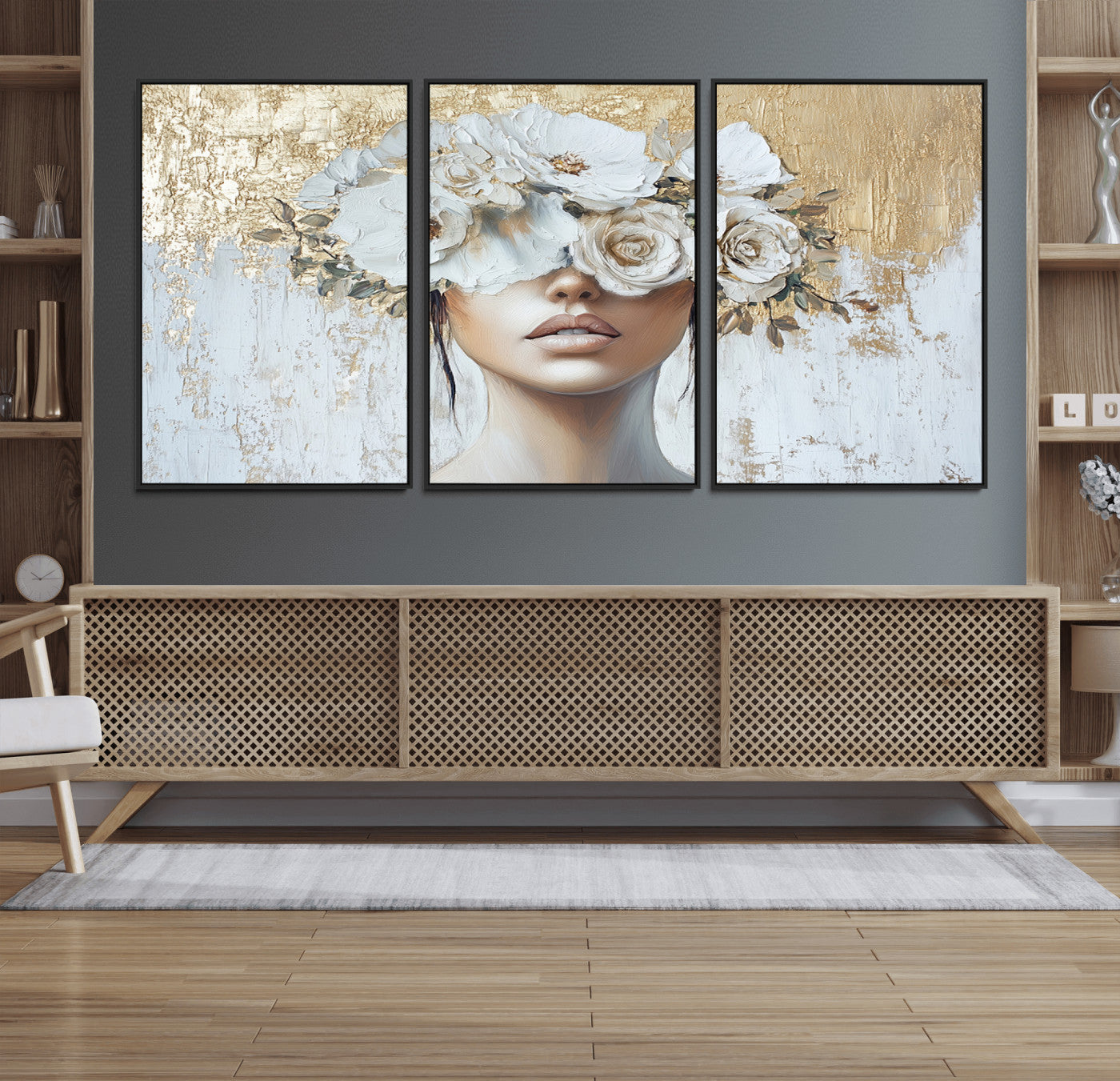 38498-MGV-FC-60X30-3P_Black-Golden Petal Wall Art - Canvas Print Flower Head Woman Painting Floral Woman Portrait Wall Decor,