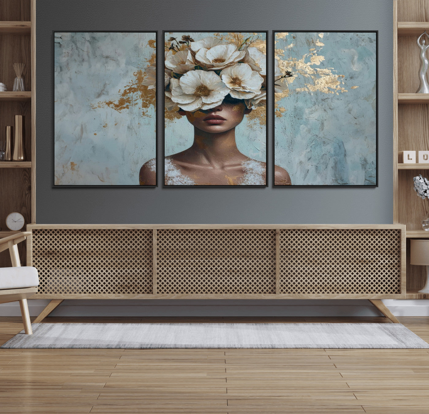 MGV-FC-60X30-3P - Golden Petal Wall Art - Petal Silhouette Woman Wall Art Canvas Print | Large 3-Panel Canvas with