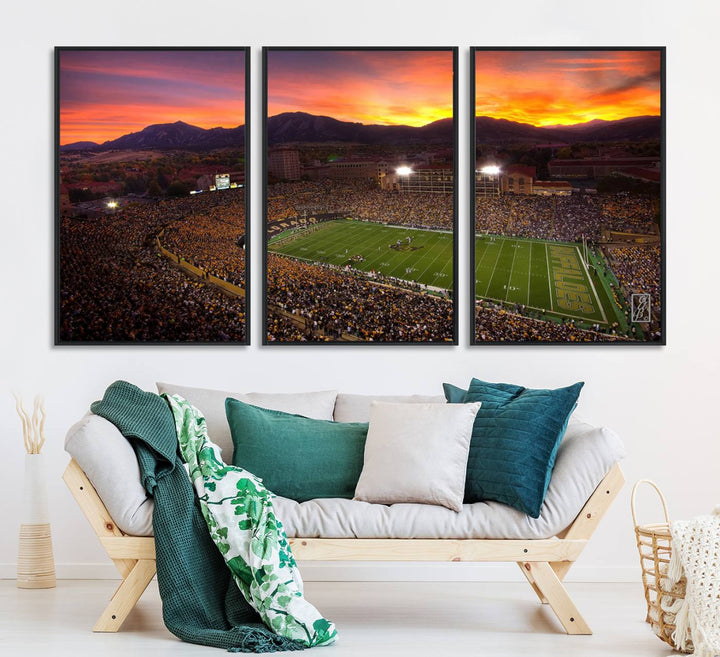 A vibrant mountain sunset at Folsom Field, home of the University of Colorado Football team, is captured in this stunning wall art canvas print.