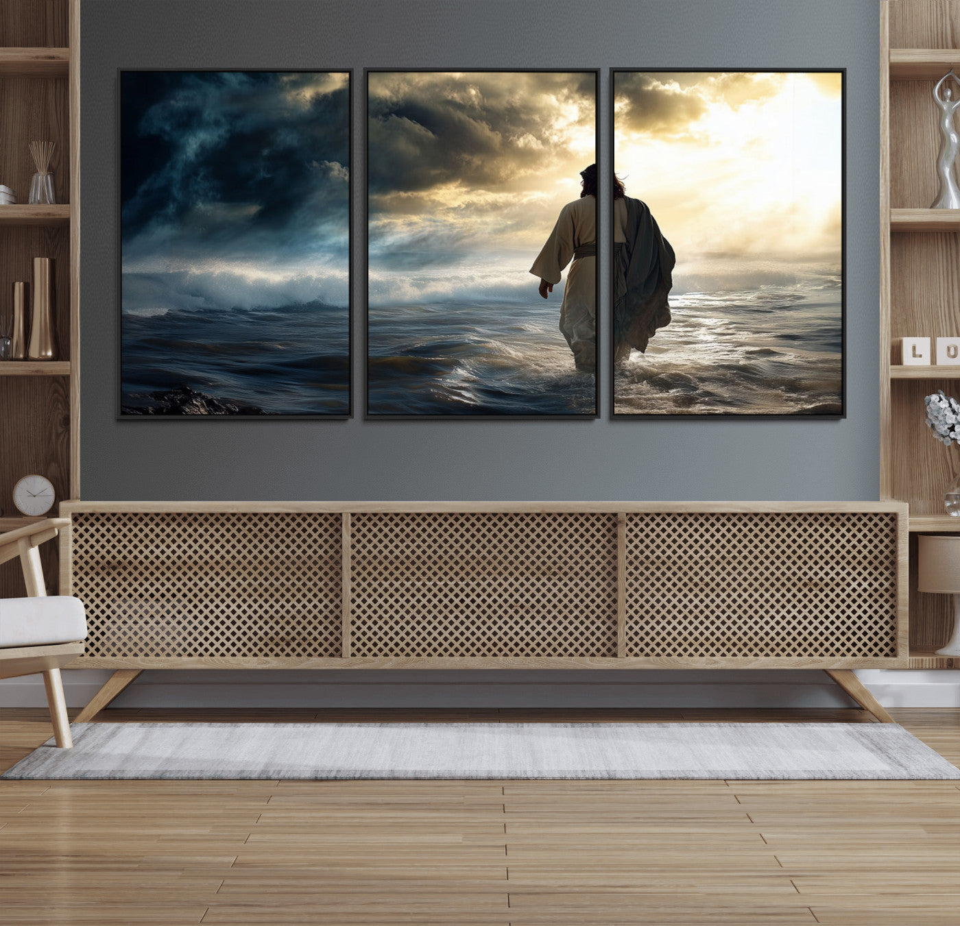 76524-MGV-FC-60X30-3P_Black-Jesus Walking Water Wall Art – Inspirational Christian Canvas Print, Faith Based Spiritual Artwork for Living Room, Prayer Space, or Church Decor