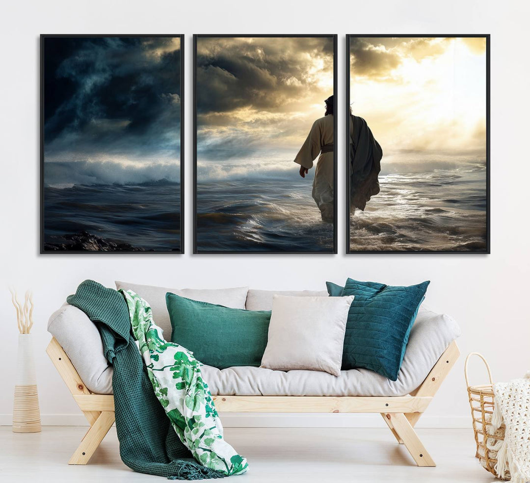 A dramatic sky serves as the backdrop for the Jesus Walking on Water wall art, a perfect piece for Christian home decor.