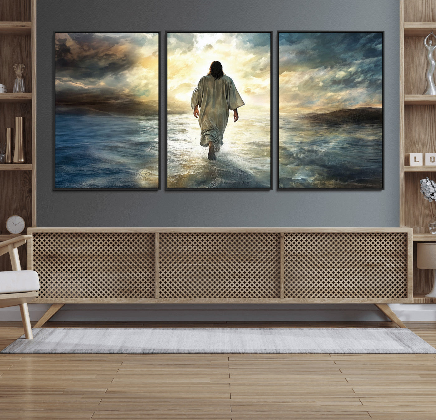 82295-MGV-FC-60X30-3P_Black-Jesus Walking on Water Wall Art | Canvas Print | Ready to Hang | Christian Home Decor | Spiritual